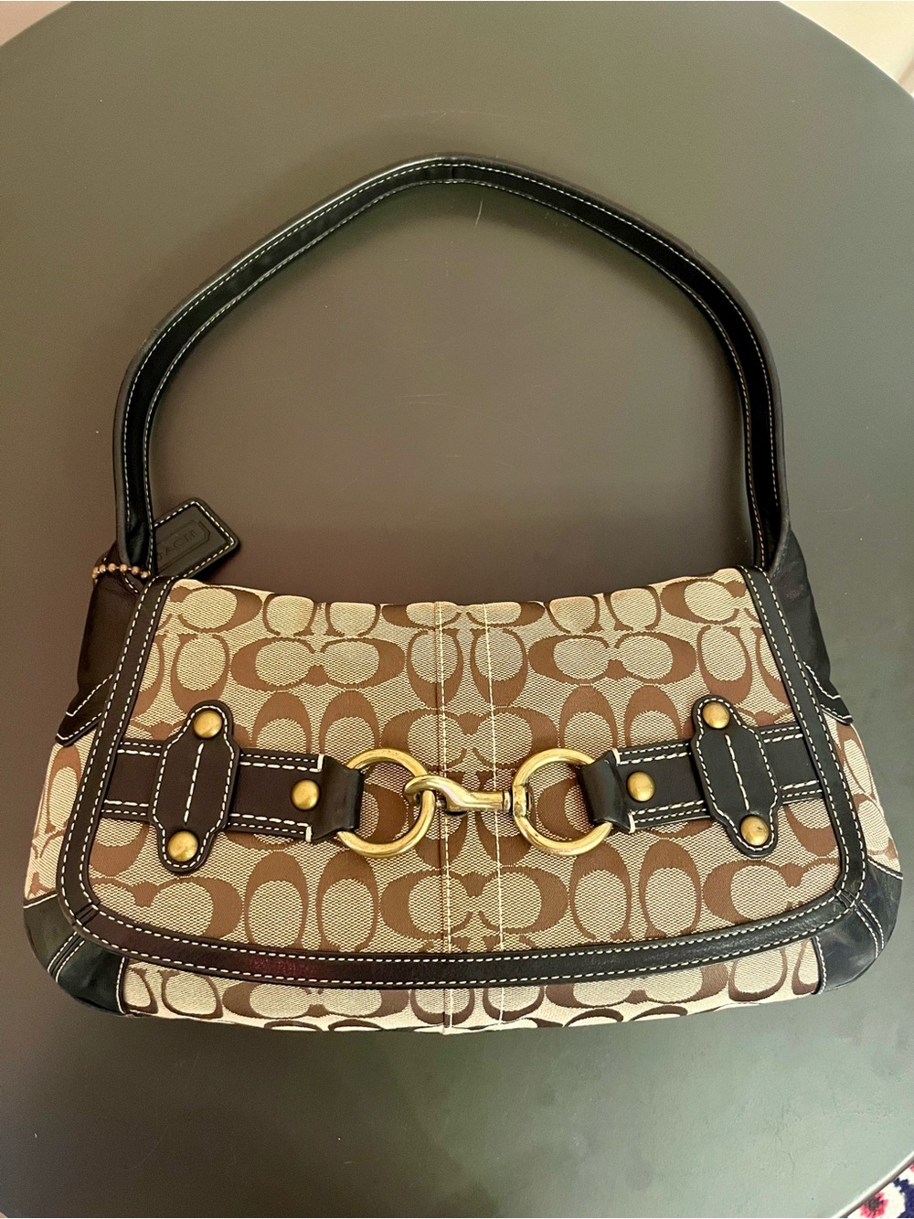 Vintage Coach Ergo Khaki Signature Canvas Belted Flap Bag - 11277